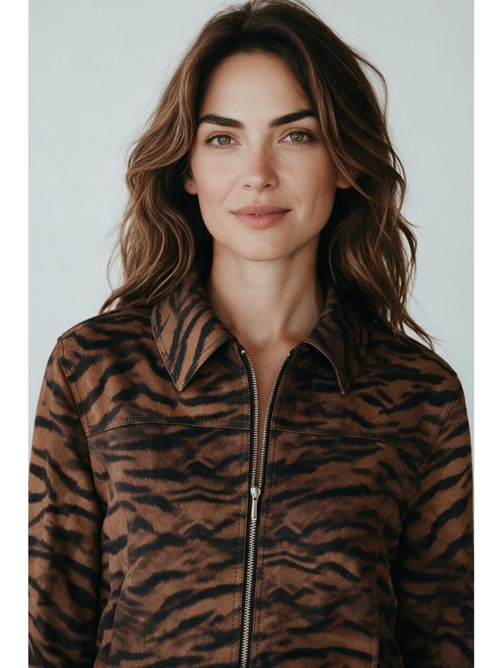 Zara Women's Medium Brown and Black Tiger Print Zip-Up Jacket